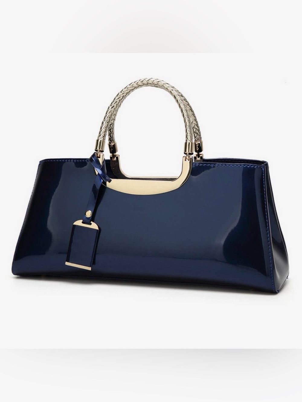 NWT Navy Blue Patent Structured Tote Bag Gold Hardware
